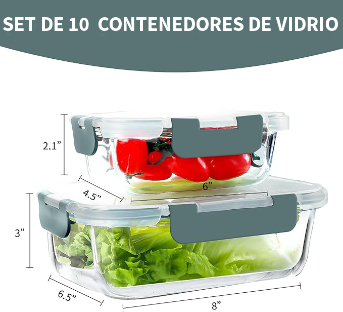 Juego de 10 Recipientes de Vidrio con Tapas Herméticas