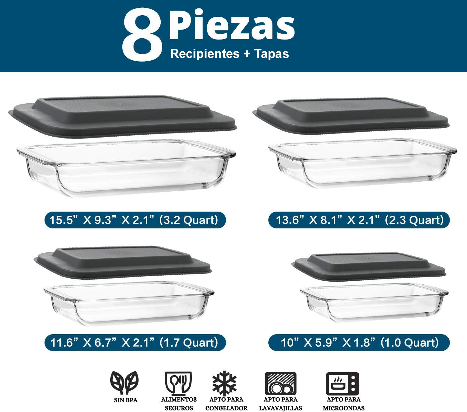 Recipientes Rectangulares de Vidrio para Hornear con Tapas