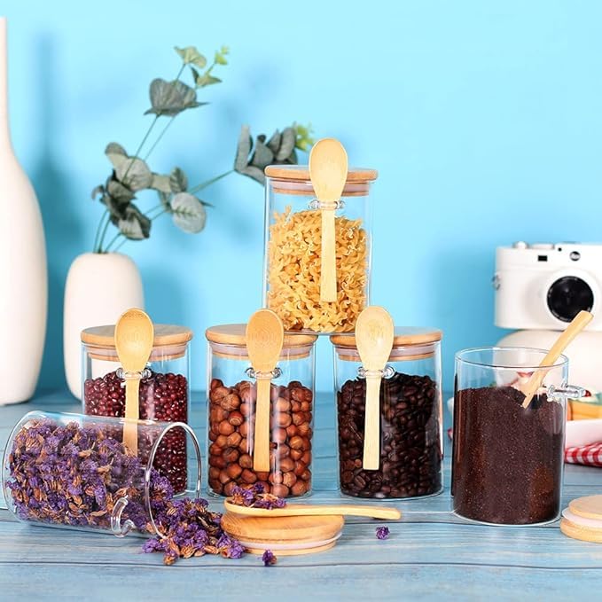 6 frascos de vidrio con tapa hermética y cucharas