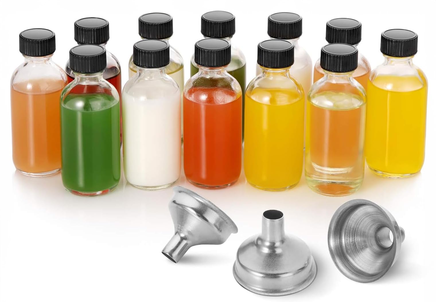 U Chef Juego de 12 Botellas de Vidrio Transparente Pequeñas con Tapas de 2 onzas, Botellas de Muestra, Botellas para Agua, Jugo, Refrigerador, Mini Botellas de Viaje Herméticas