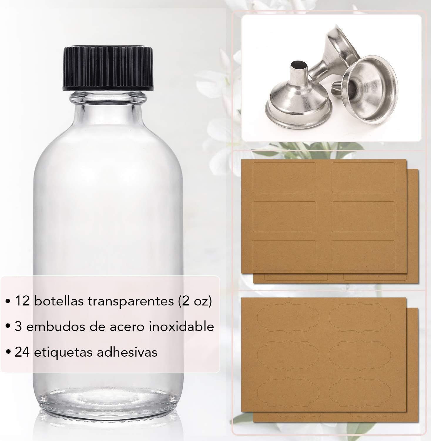 12 Botellas de Vidrio con Tapas de 2 oz