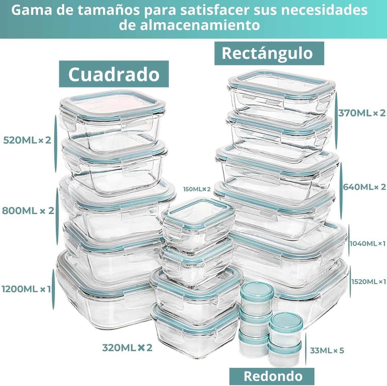 15 Recipientes de Vidrio y 5 de Plástico