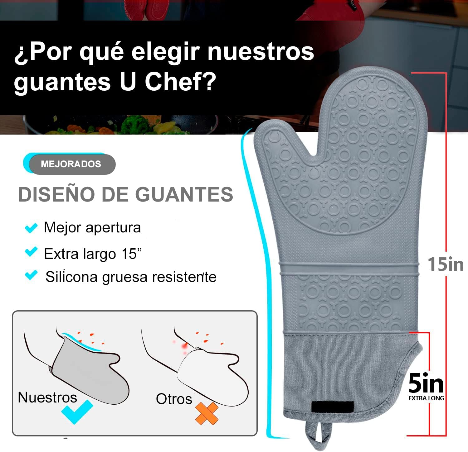 Guantes de Silicona de Cocina 6 Piezas (Gris)
